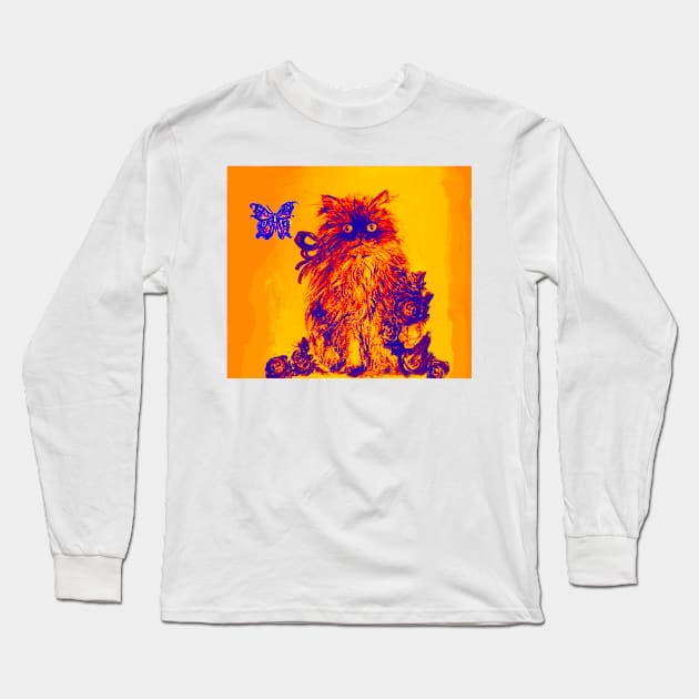 YELLOW CAT KITTEN ,BUTTERFLY AND BLUE ROSES Orange Purple Long Sleeve T-Shirt by BulganLumini